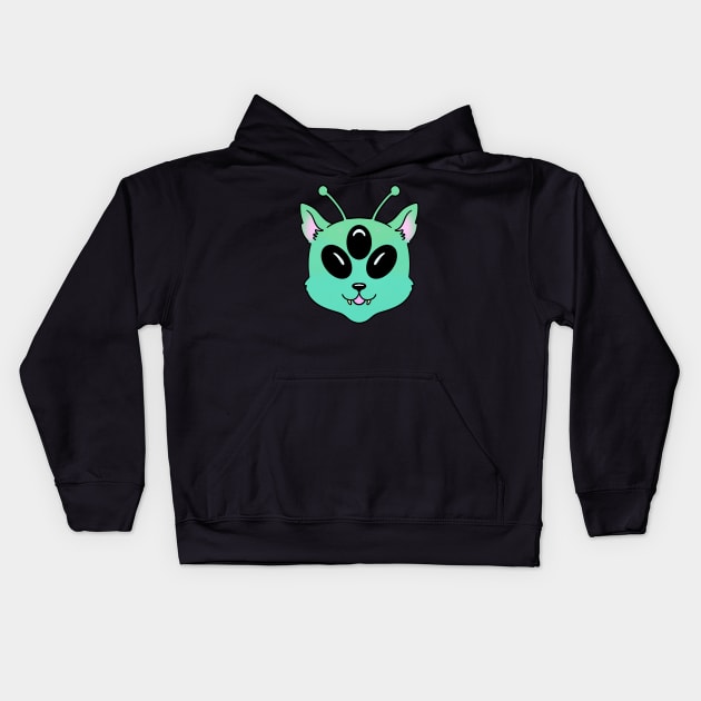 Alien Cat Green Cute Kawaii Animal Kids Hoodie by Trippycollage